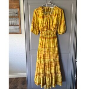 Tuckernuck Moon River Bohemian Tie Dye Cutout Tiered Midi Dress, Yellow Orange,S